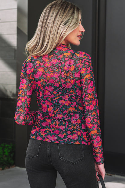 Oatmeal Western Print Slim Fit Mesh Long Sleeve Mock Neck Top
