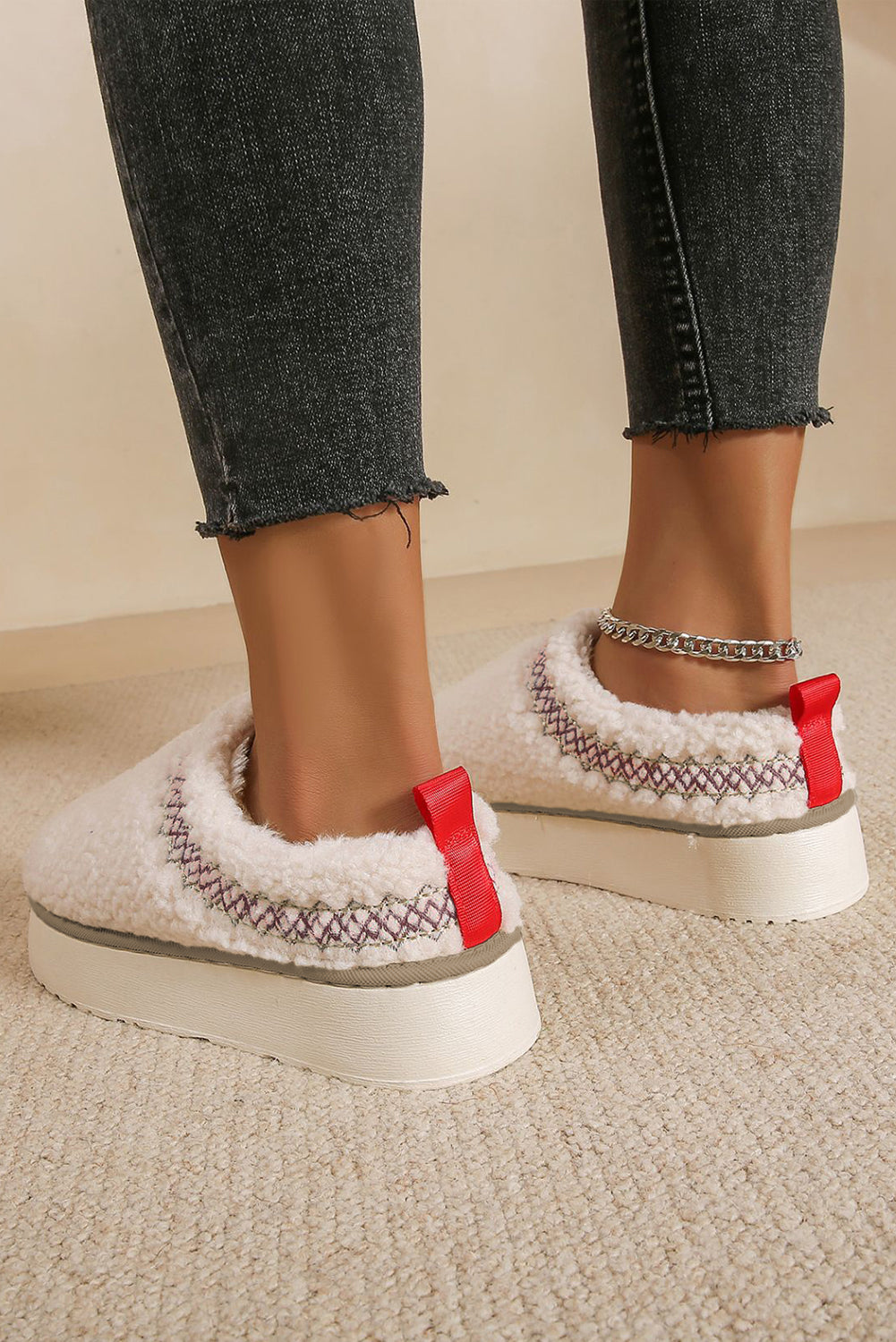 Chestnut Soft Plush Embroidered Detail Flat Platform Slippers