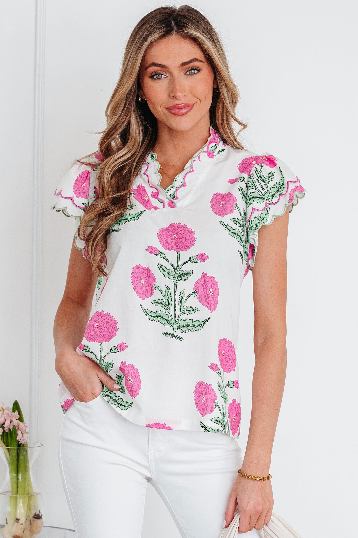 Blue Wild Flower Print Contrast Trim Scallop Detail Short Sleeve Blouse