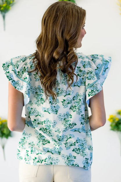 Green Floral Meets Stripes V Neck Flutter Sleeve Blouse