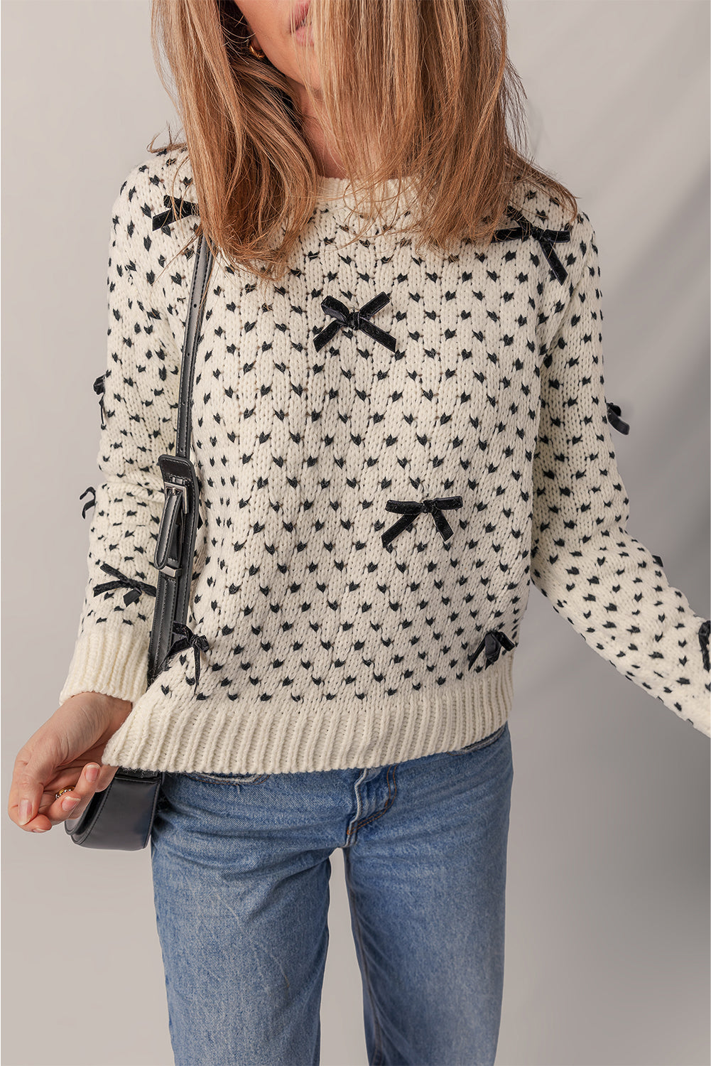 Beige Bow Decor Color Contrast Ribbed Edge Crew Neck Sweater