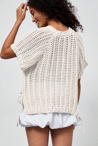 Black Plus Size Open Knit Bow Tie Short Sleeve Sweater