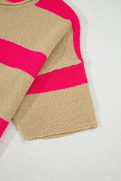 Pink Stripe Colorblock Short Sleeve Crew Neck Lightweight Sweater