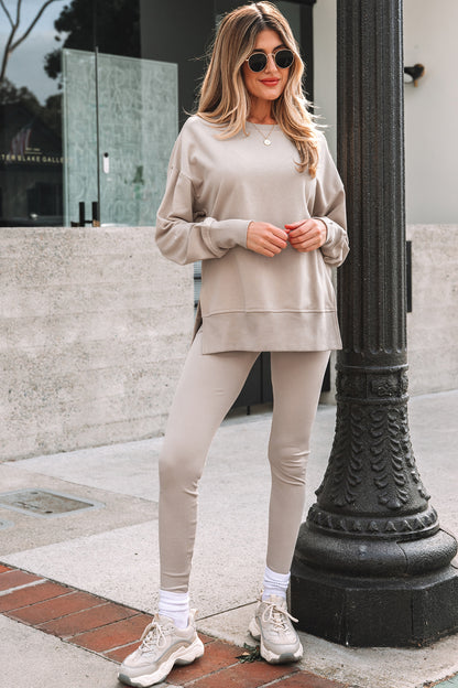 Black Solid Color Oversize Slit Sweatshirt Ribbed Leggings 2pcs Set