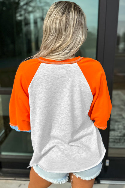 Light Grey Thanksgiving Turkey Sequin Graphic Color Block Long Raglan Sleeve Top