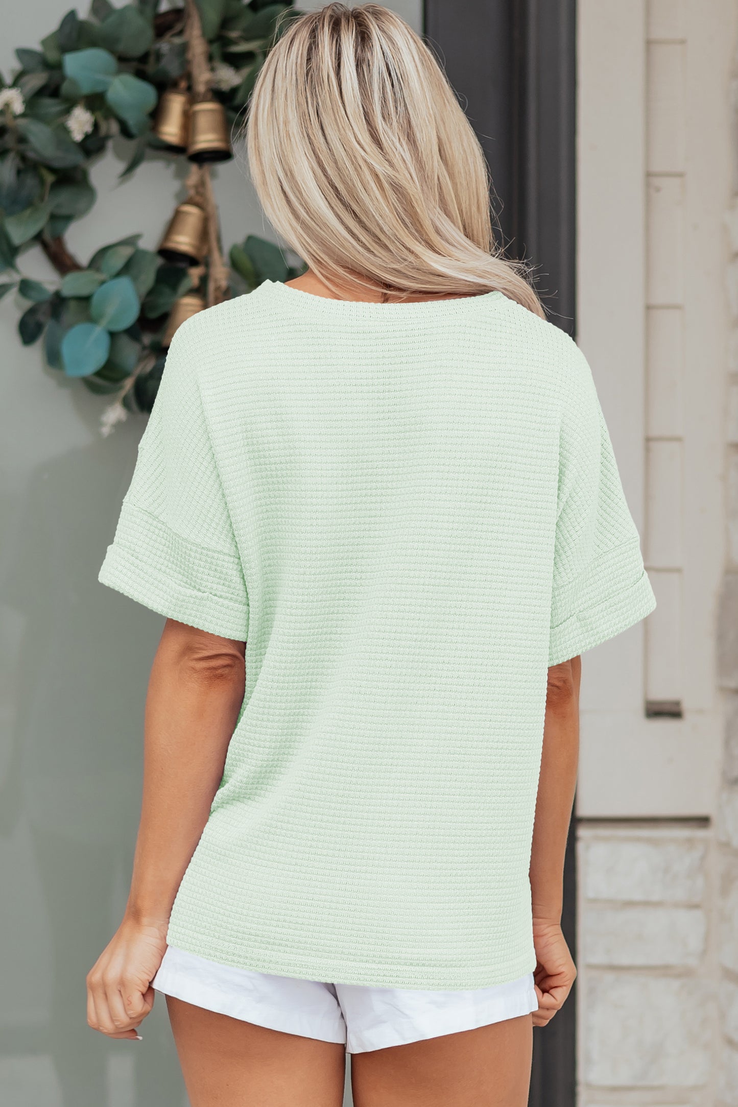 Strawberry Pink Waffle V Neck Short Sleeve Knit Top