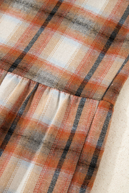 Khaki Plaid Color Block Patchwork Ruffle Hem Tunic Shirt Dress