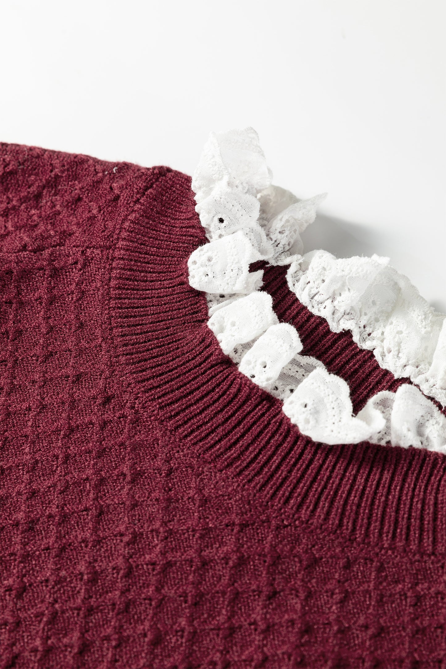 Burgundy  Contrast Lace Frilled Trim Raglan Sleeve Sweater