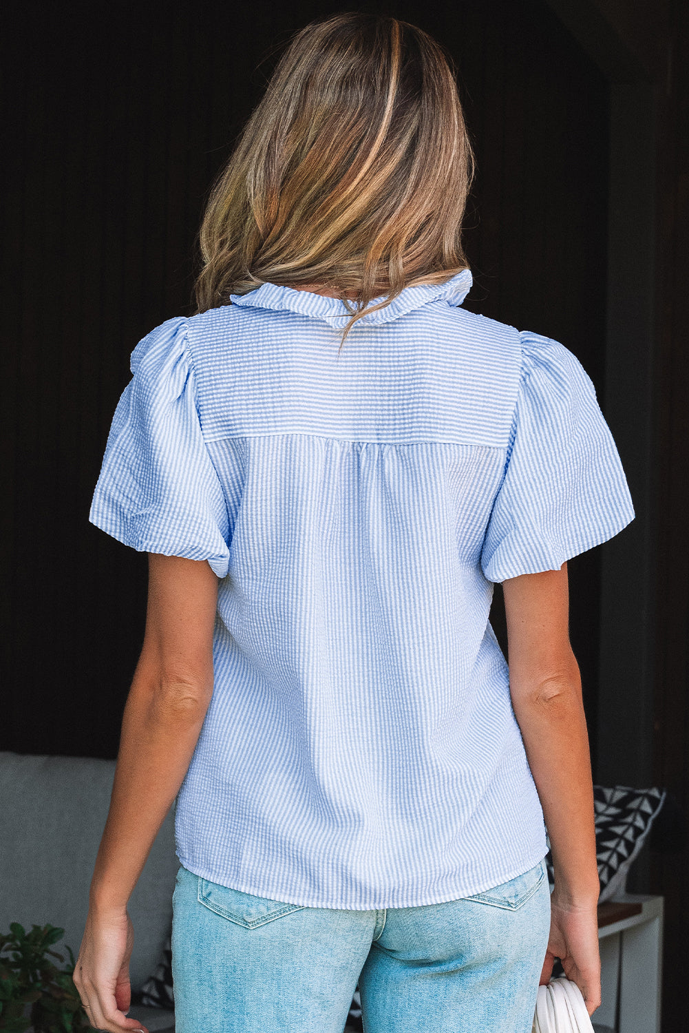 Black Striped Ruffle Short Bubble Sleeve Shirt