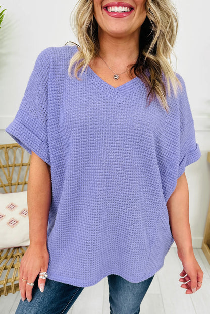 Strawberry Pink Waffle V Neck Short Sleeve Knit Top