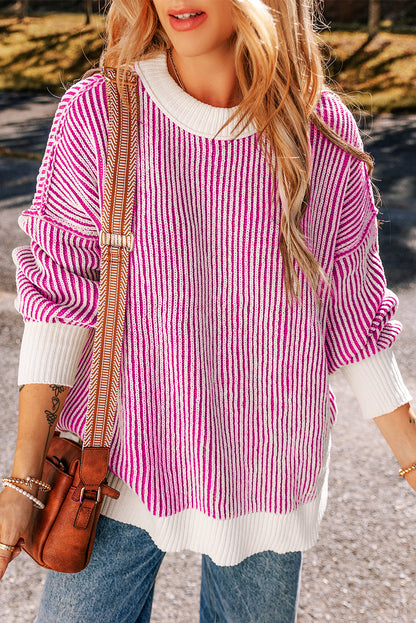 Dark Blue Striped Textured Knit Contrast Edge Loose Sweater