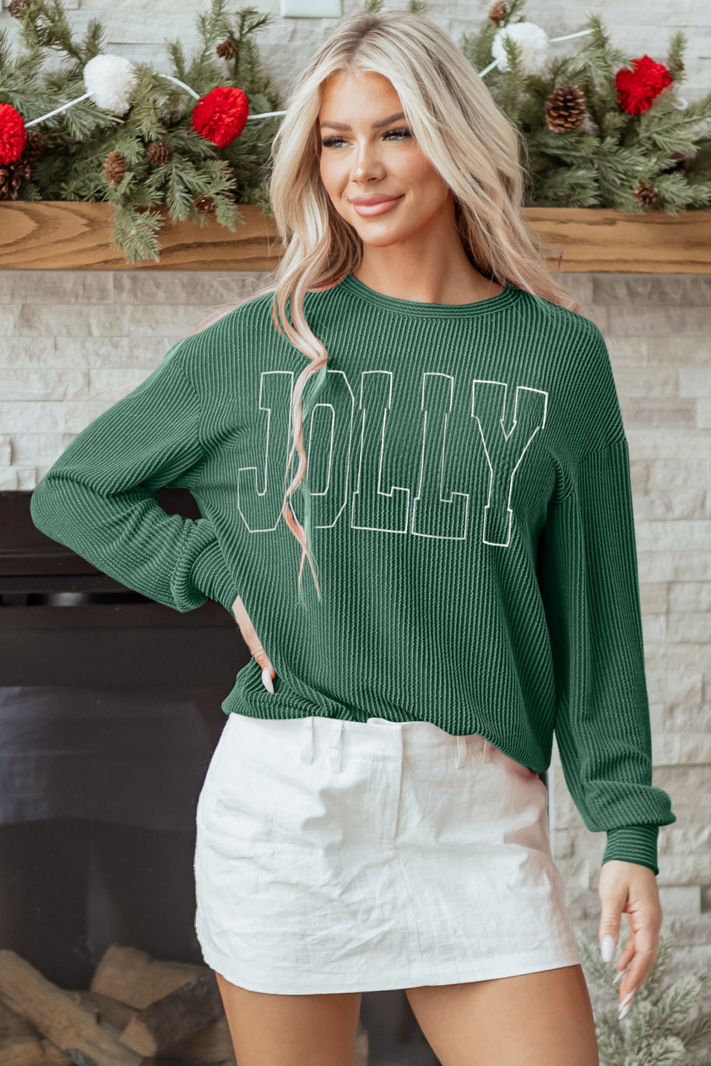 Racing Red Twisted Rib Outlined Merry Letter Graphic Loose Long Sleeve Top