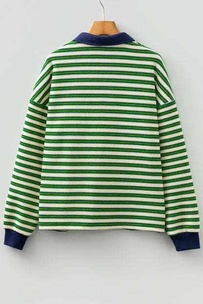Racing Red Striped Print Contrast Collar Zip V Neck Long Sleeve Top