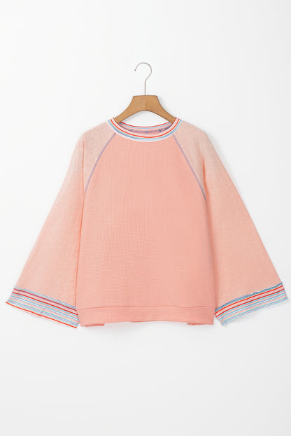 Meadow Mist Green Waffle Knit Wide Bracelet Sleeve Patchwork Raglan Top