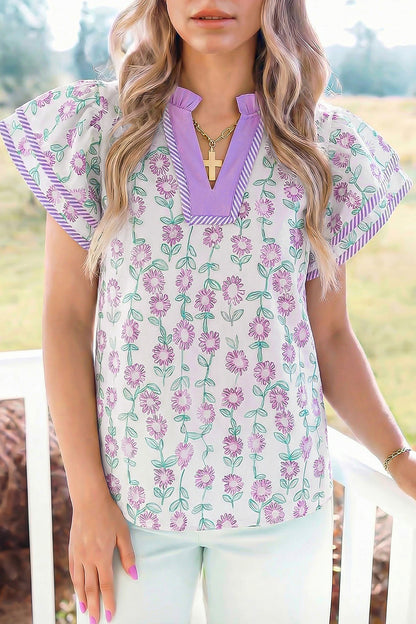 Green Floral Print Striped Detail Contrast V Neck Patchwork Flutter Sleeve Blouse
