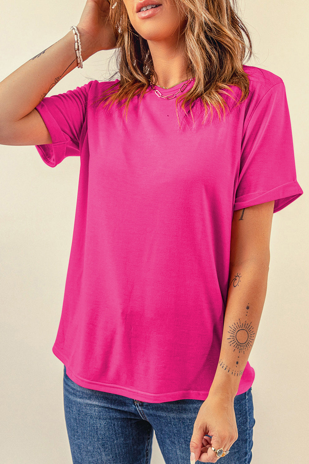 Sachet Pink Bright Casual Plain Crew Neck Tee