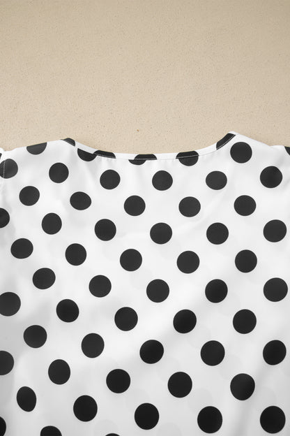 White Polka Dot Print Ruffled Short Sleeve Blouse