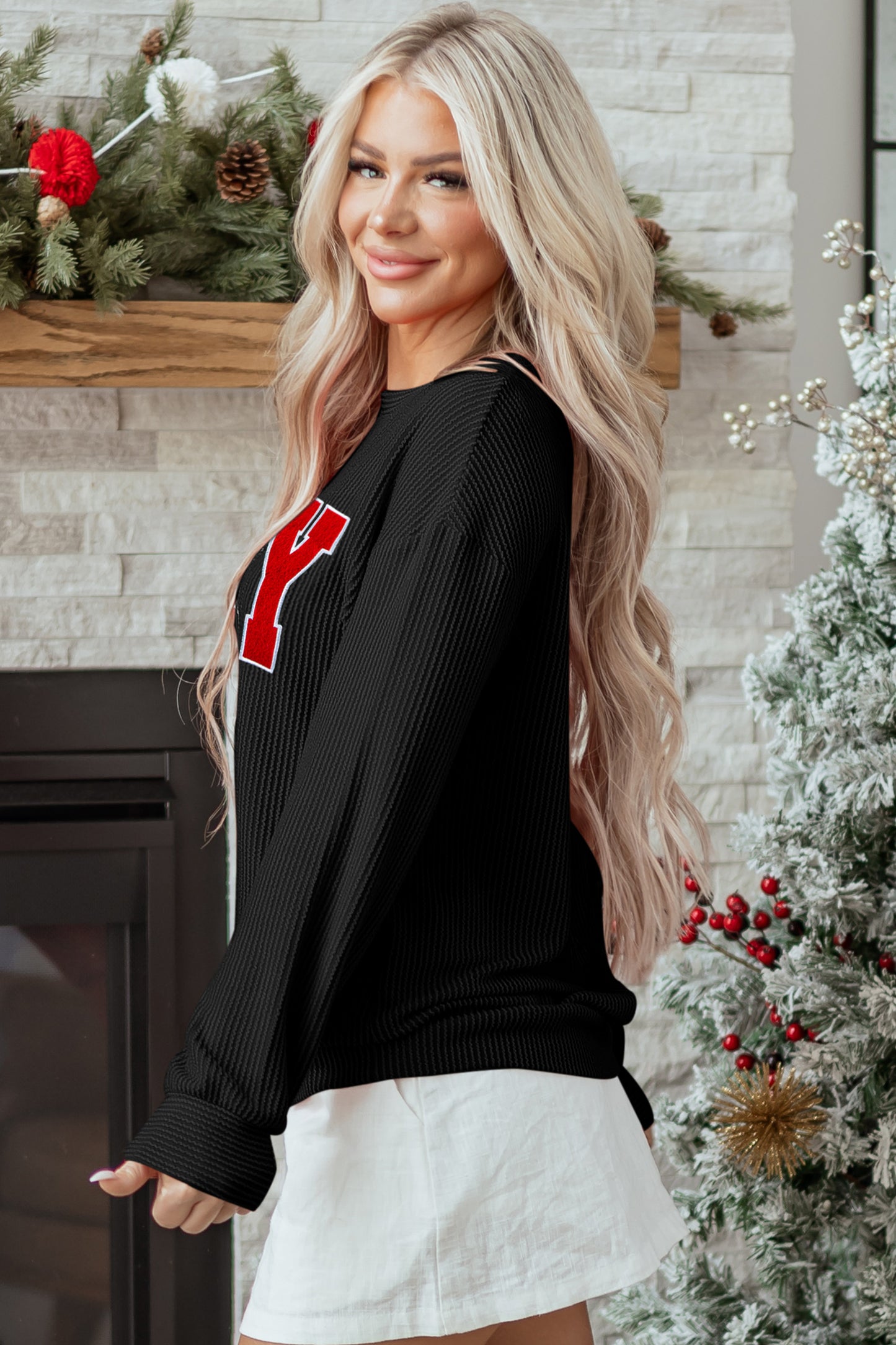Racing Red Twisted Rib Outlined Merry Letter Graphic Loose Long Sleeve Top