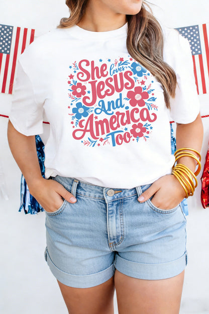 White She Loves Jesus And America Too Floral Graphic Tee