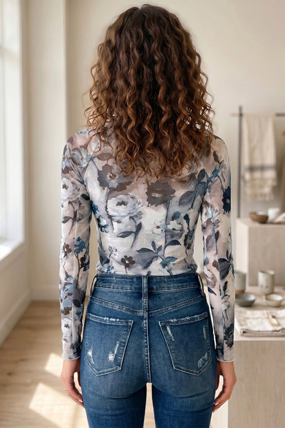 Sky Blue Floral Mesh High Neck Long Sleeve Sheath Top