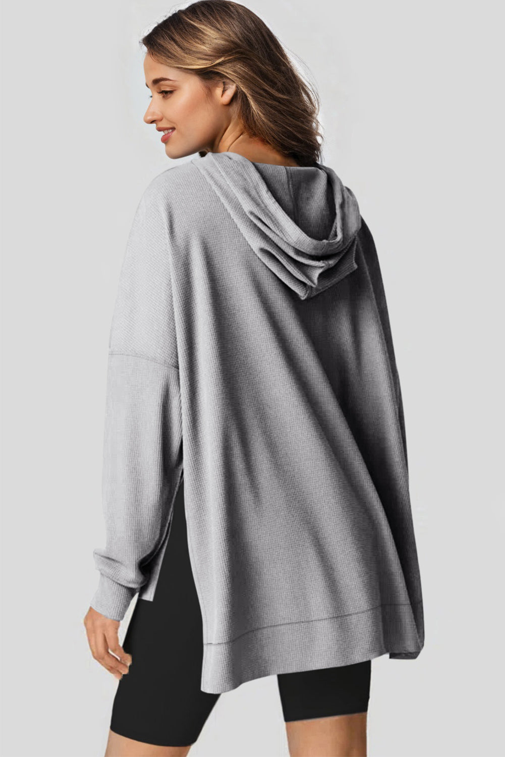 Black Waffle Knit Fleece Lined High Low Oversized Hoodie