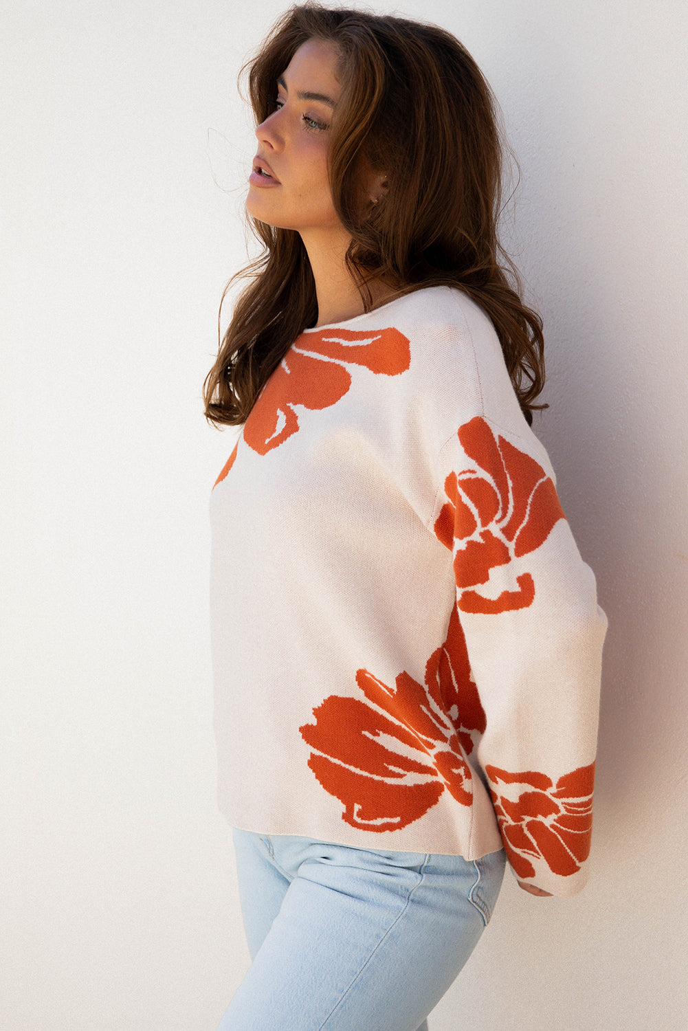 Green Bold Flower Pattern Wide Sleeve Baggy Sweater