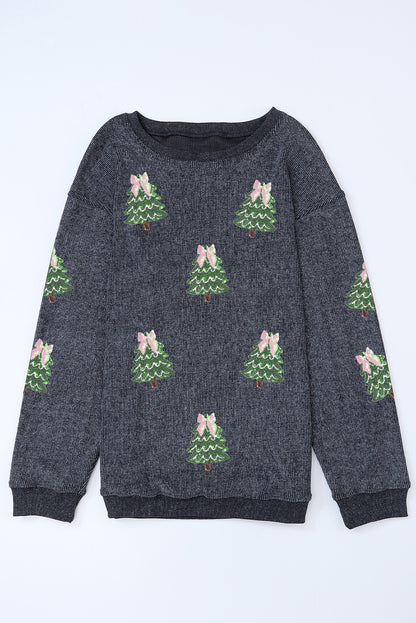 Gray Ribbed Round Neck Sequin Christmas Tree Patched Baggy Sweatshirt