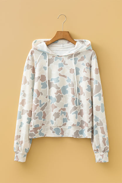 Beige Camouflage Print Long Sleeve Hooded Pullover Casual Top