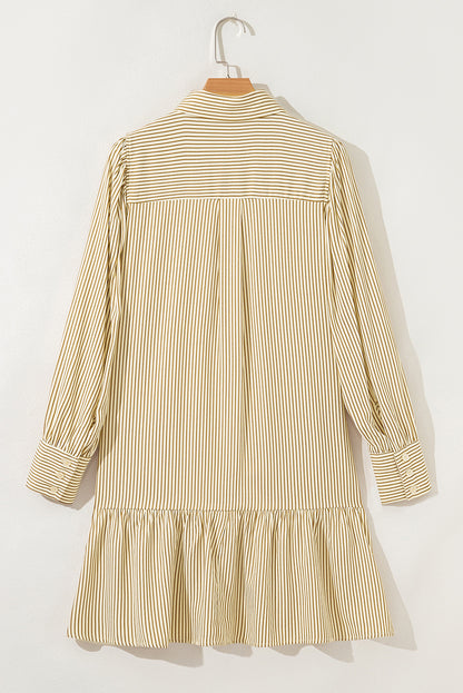 Brown Stripe Collared Neck Cuffed Long Sleeve Drop Waist Mini Dress