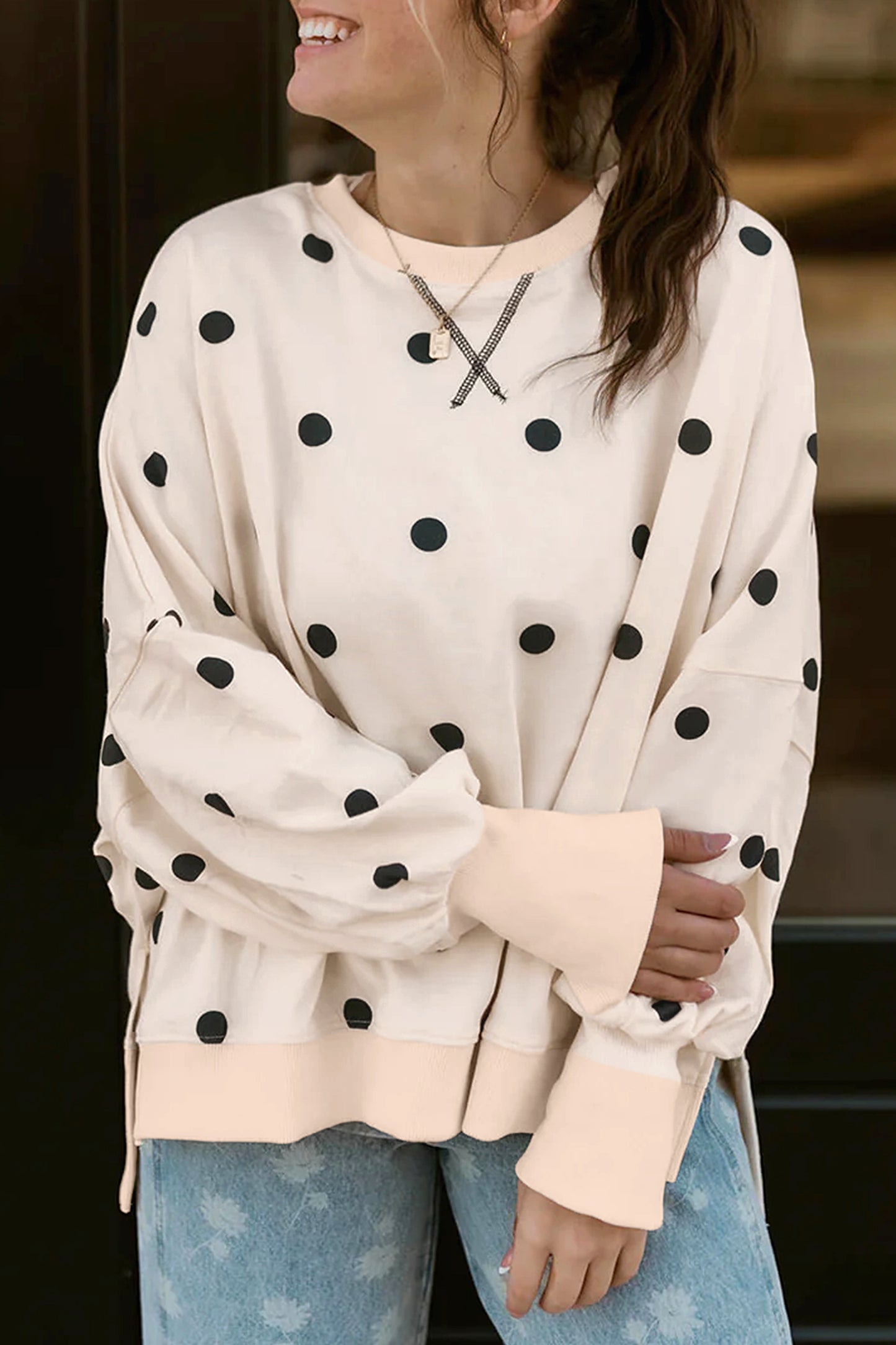 Beige Loose-fit Long Sleeve Round Neck Polka Dot Tunic Sweatshirt