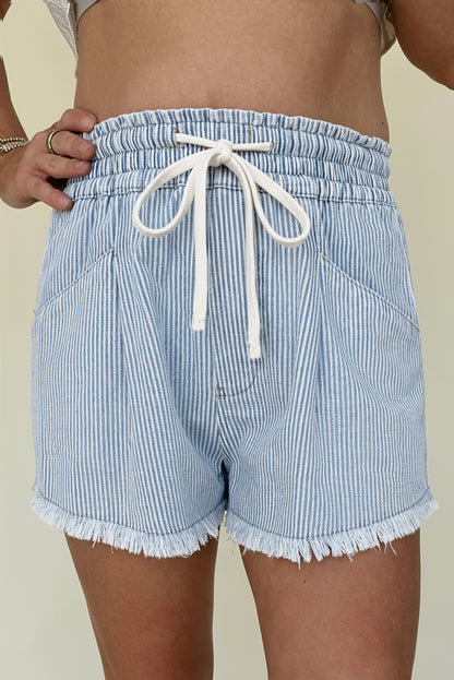 Black Stripe Raw Edge Drawstring Elastic Waist Casual Denim Shorts