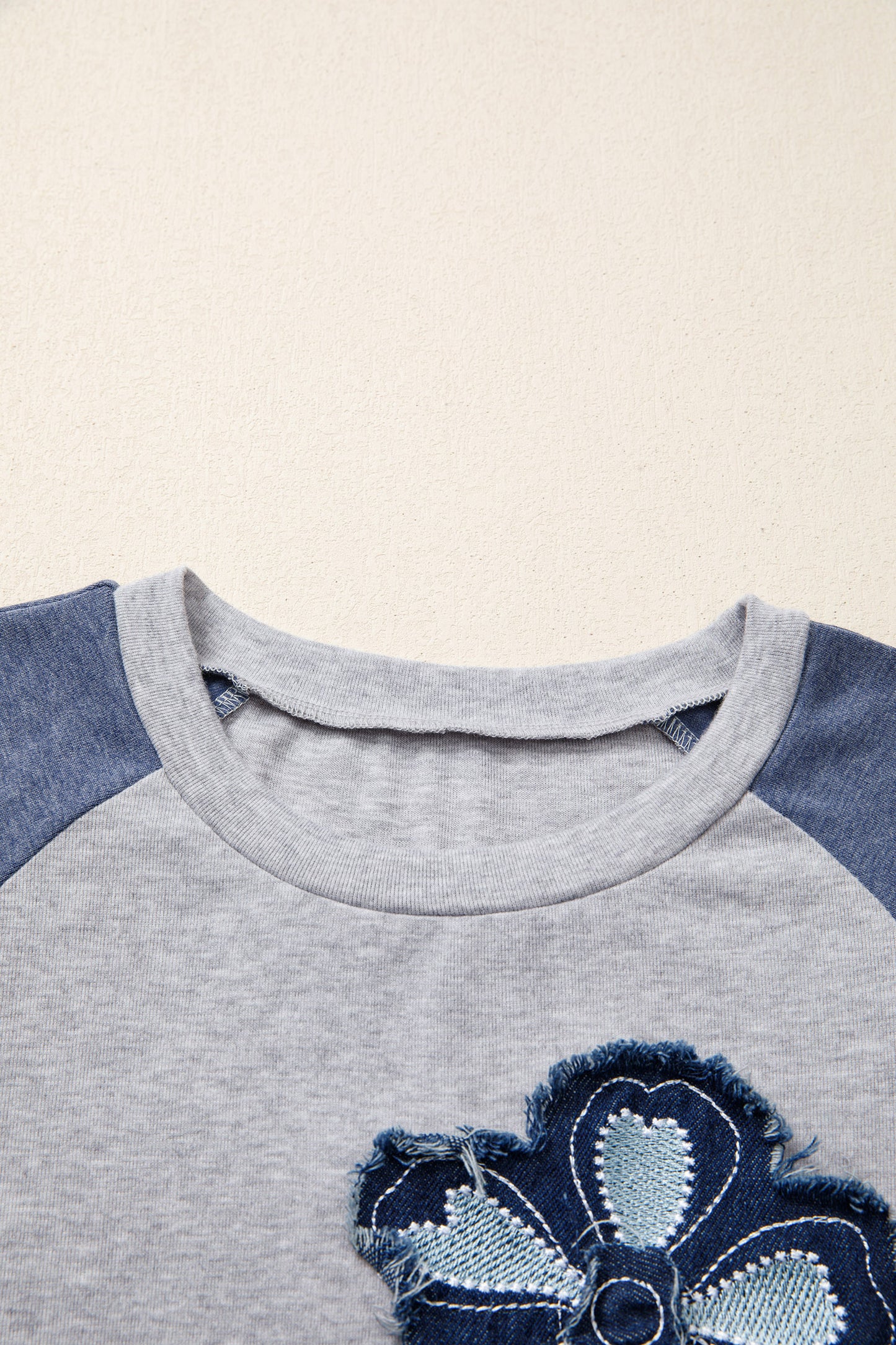 Dark Blue Color Block Flower Embroidered Patch Graphic Raglan Long Sleeve Top
