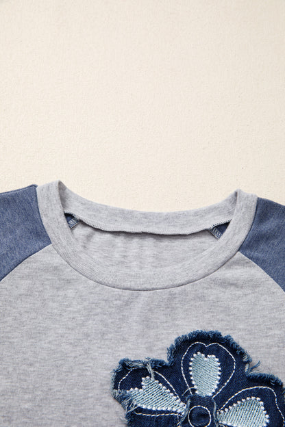 Dark Blue Color Block Flower Embroidered Patch Graphic Raglan Long Sleeve Top