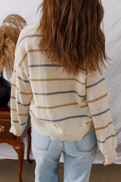 Pink Stripe Ribbed Edge Drop Shoulder Sweater