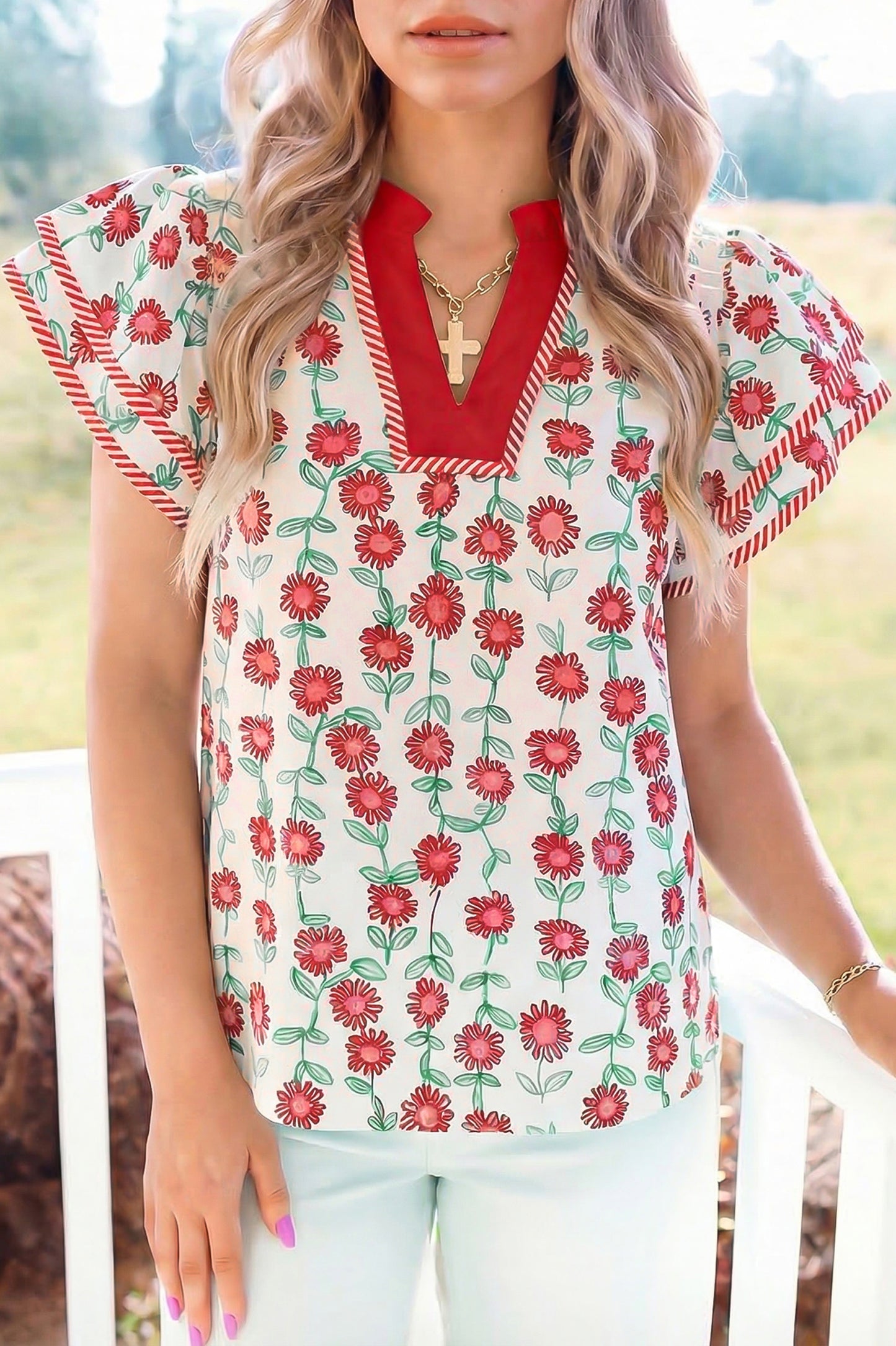 Green Floral Print Striped Detail Contrast V Neck Patchwork Flutter Sleeve Blouse