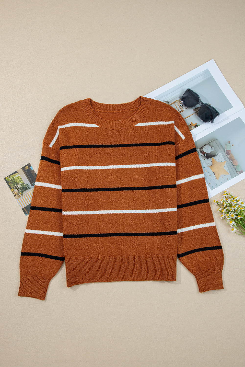 Pink Stripe Ribbed Edge Drop Shoulder Sweater