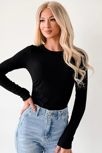 Mineral Red Ribbed Long Sleeve Crew Neck Solid Color Bodysuit