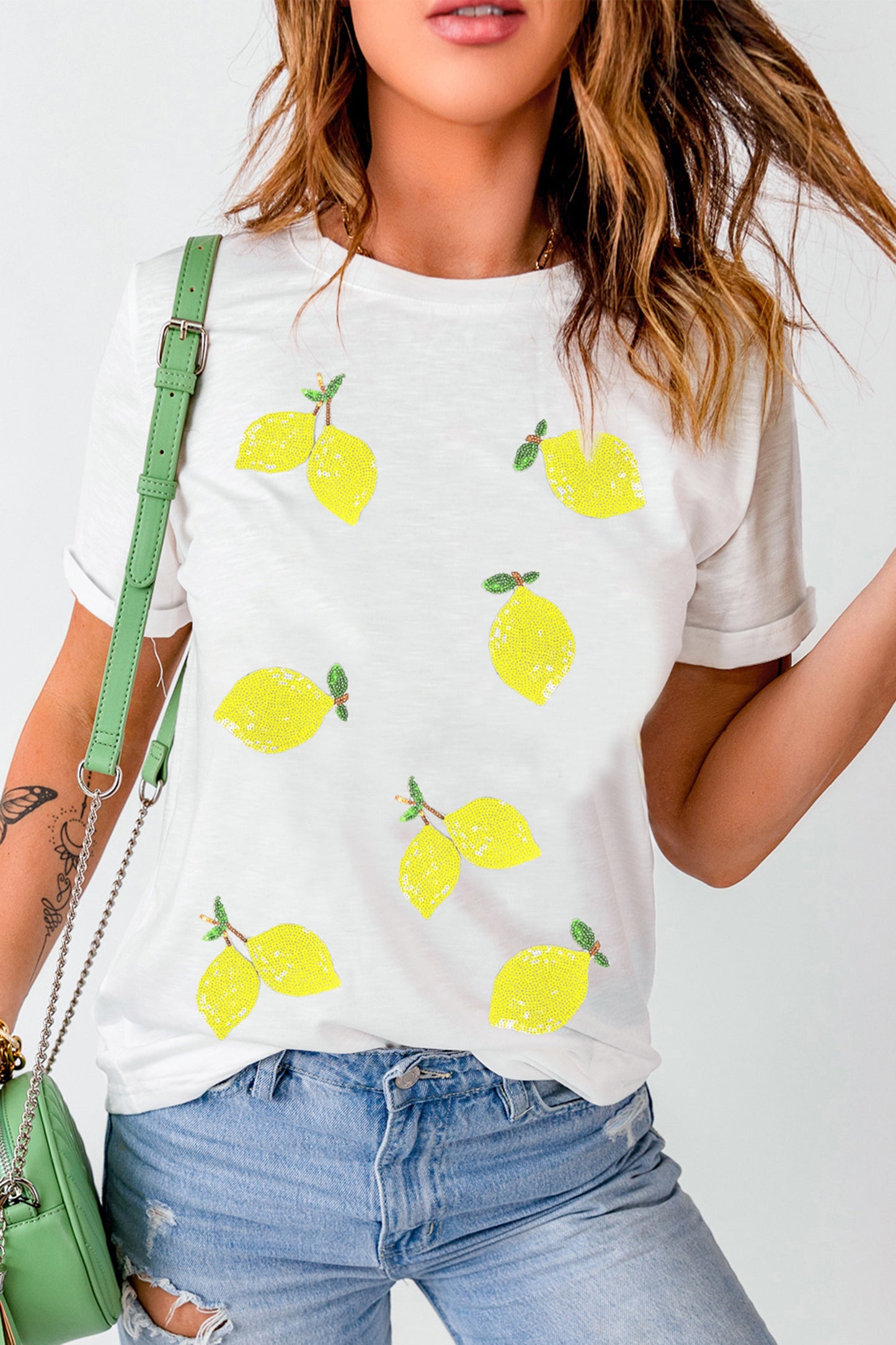 White Sequin Lemon Graphic Casual Summer Tee