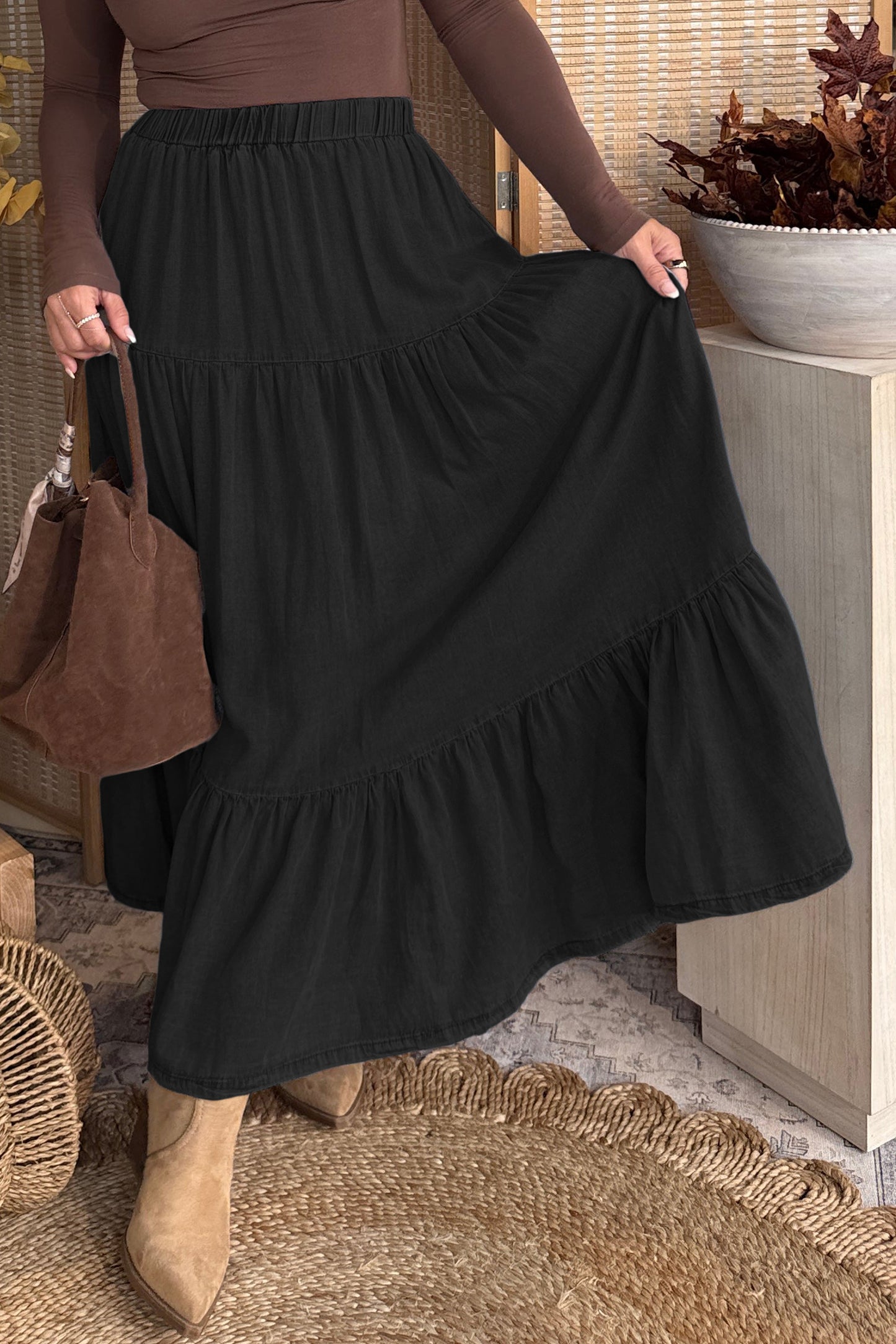 Beau Blue Elastic Waist Ruffled Tiered Flared Denim Maxi Skirt