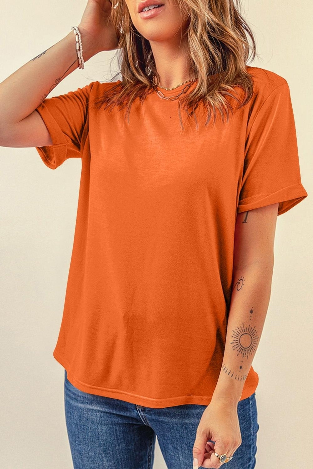 Sachet Pink Bright Casual Plain Crew Neck Tee