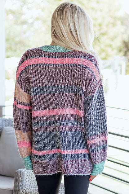 Multicolour Color Block Striped Side Slit Open Front Cardigan