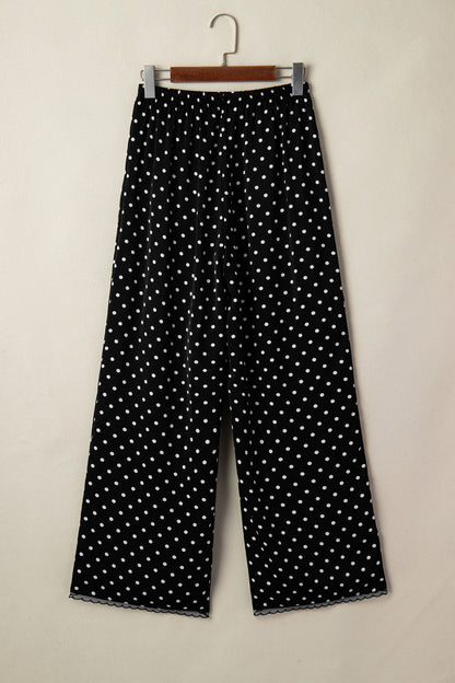 Black Polka Dot Print Elastic Waist Lace Hem Loose Pants