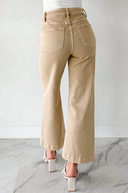 Red Sandalwood Solid Color Seamed Center Wide Leg Cropped Jeans