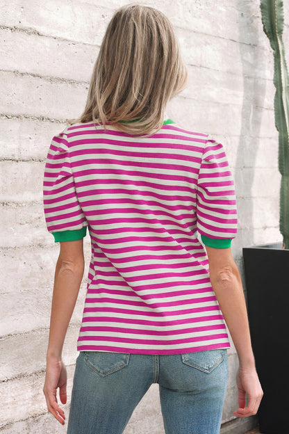 Brown Stripe Short Puff Sleeve Contrast Trim Round Neck Tee