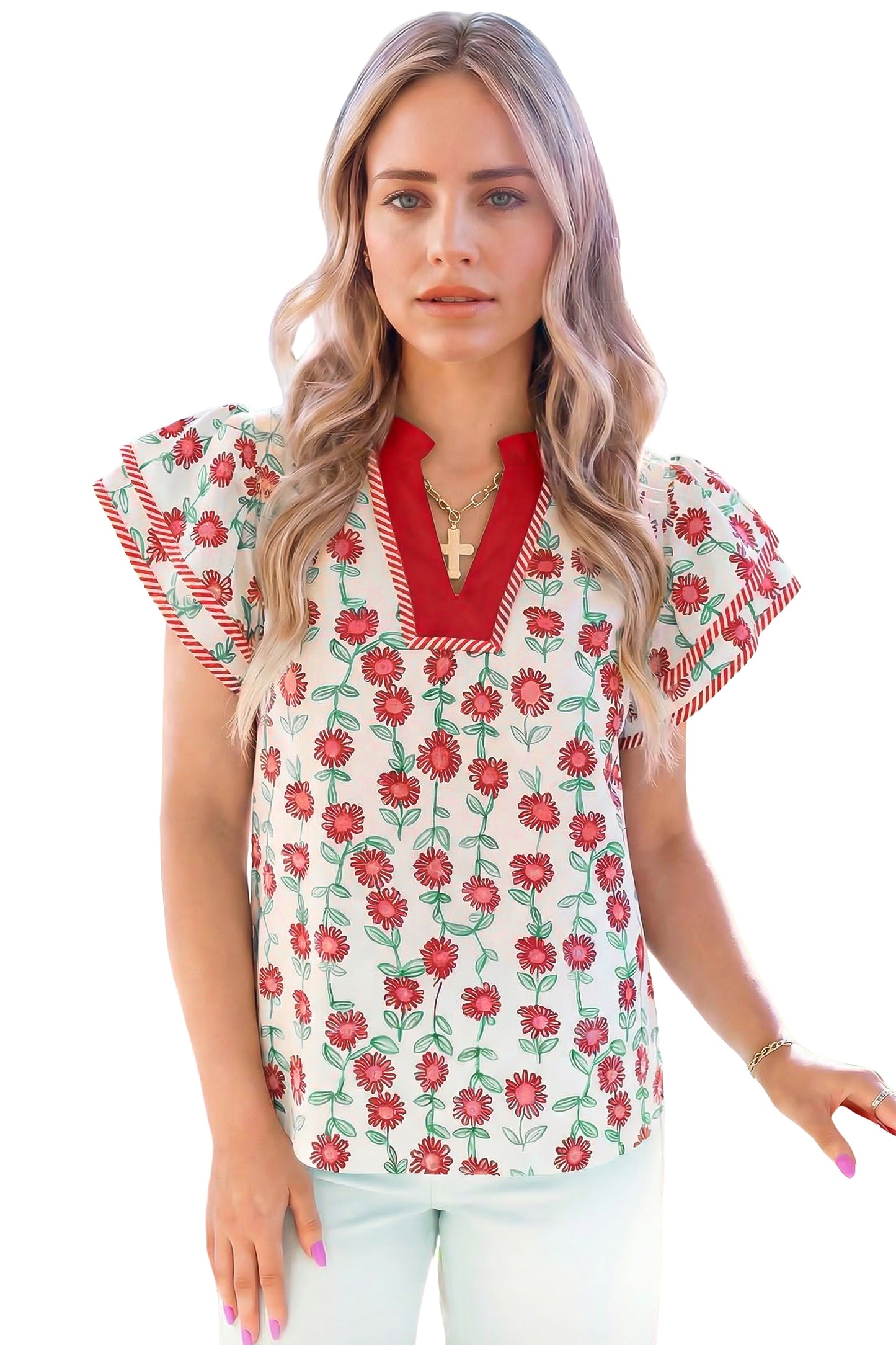 Green Floral Print Striped Detail Contrast V Neck Patchwork Flutter Sleeve Blouse