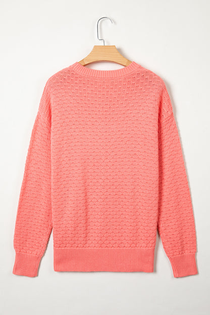 Coral Paradise Drop Shoulder Ribbed Knit Long Sleeve Sweater