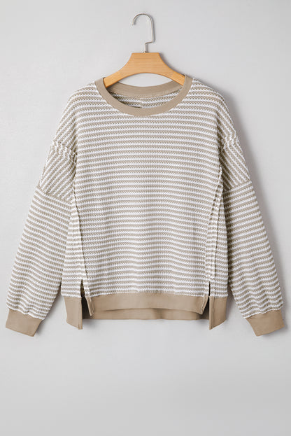 Black Stripe Ribbed Trim Drop Shoulder Long Sleeve Oversize Top
