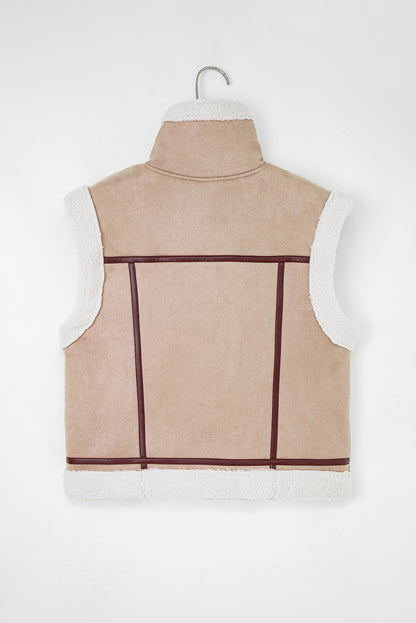 Dark Khaki Sherpa Lined Faux Suede Lapel Collar Vest