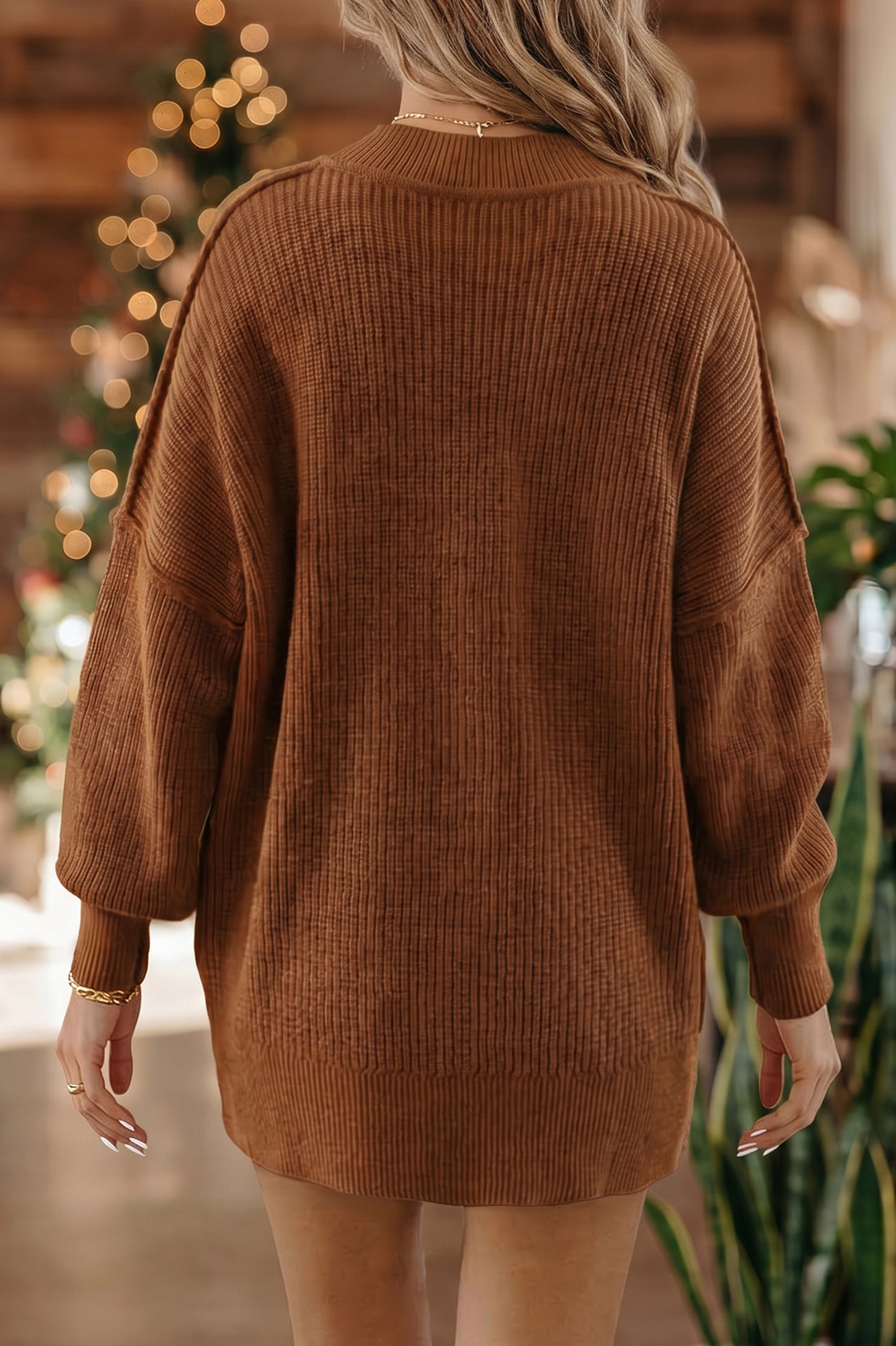 Chestnut Long Sleeve Ribbed Knit Stand Neck Regular Fit Sweater