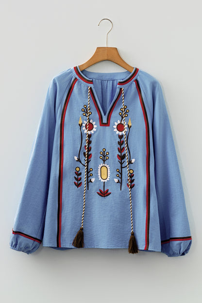 Real Teal Floral Embroidered Split Neck Tassel Tie Puff Sleeve Blouse